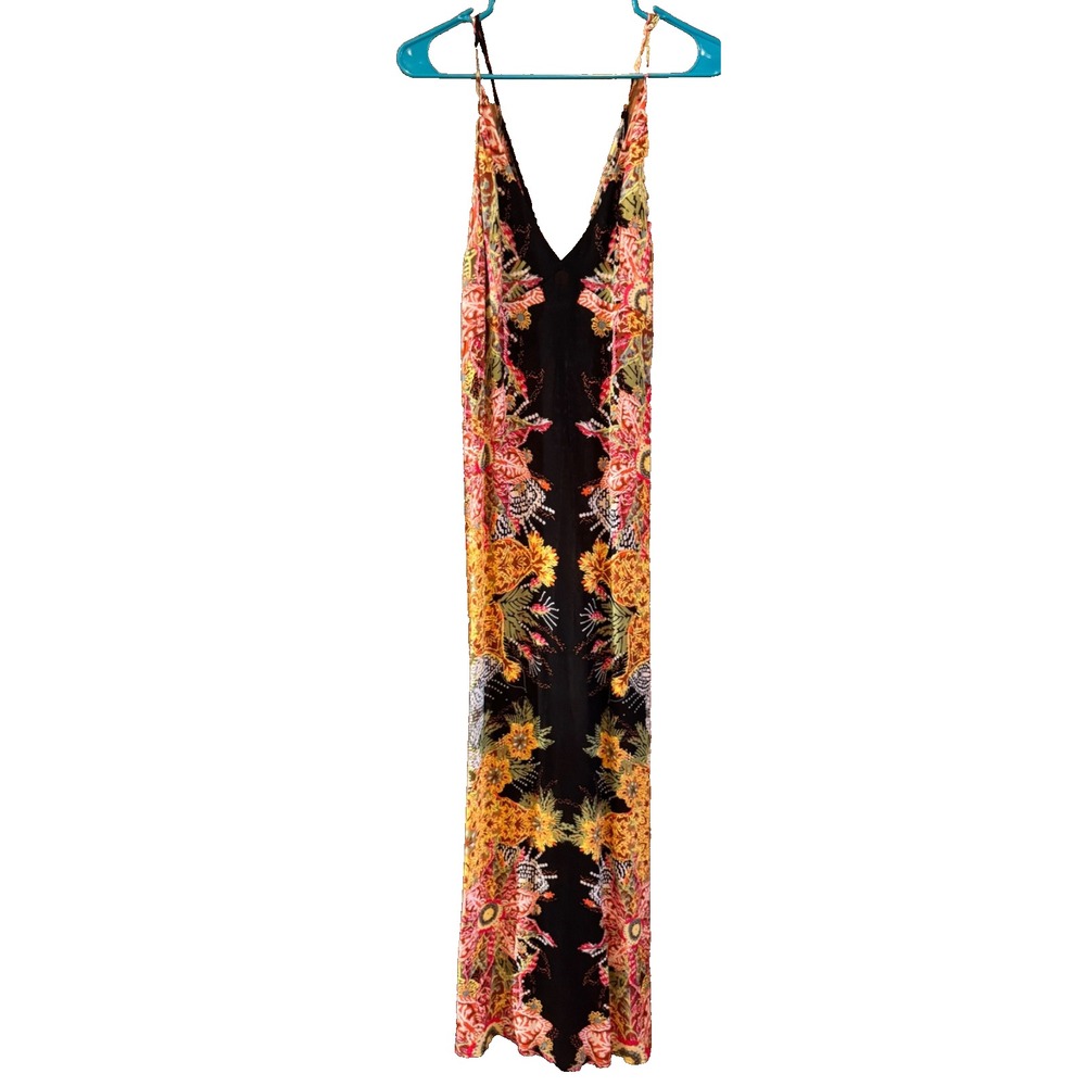 Free People Sheer Spaghetti Strap V-Neck black Wildflower Print Maxi Slip Dress